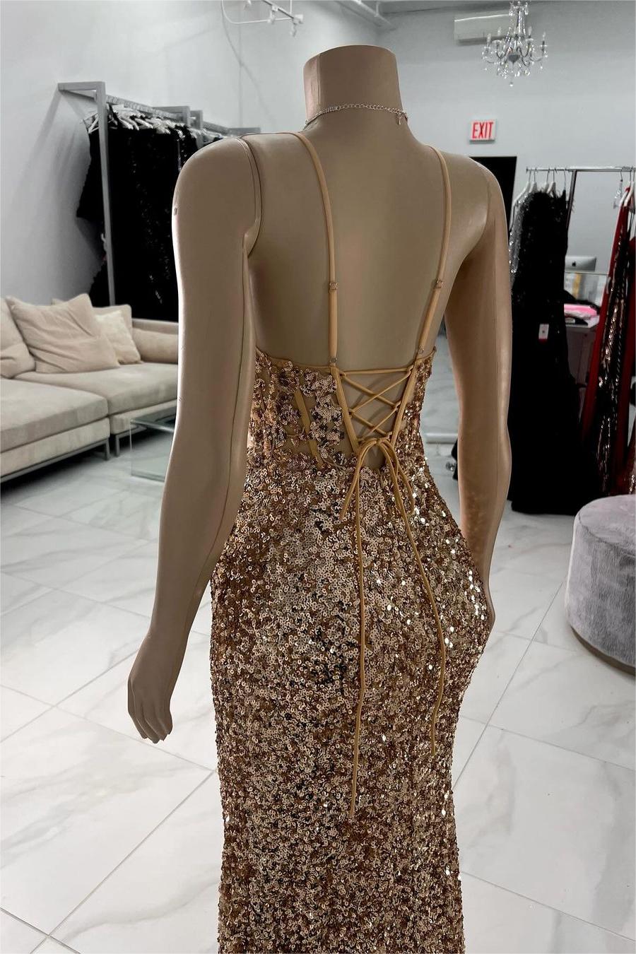 Exquisite Champagne Sequins Spaghetti Strap Sleeveless Prom Dress with Split