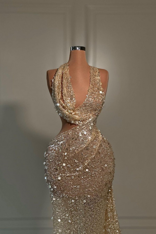 Sequins V-Neck Sleeveless Hatler Sexy Long Prom Dress