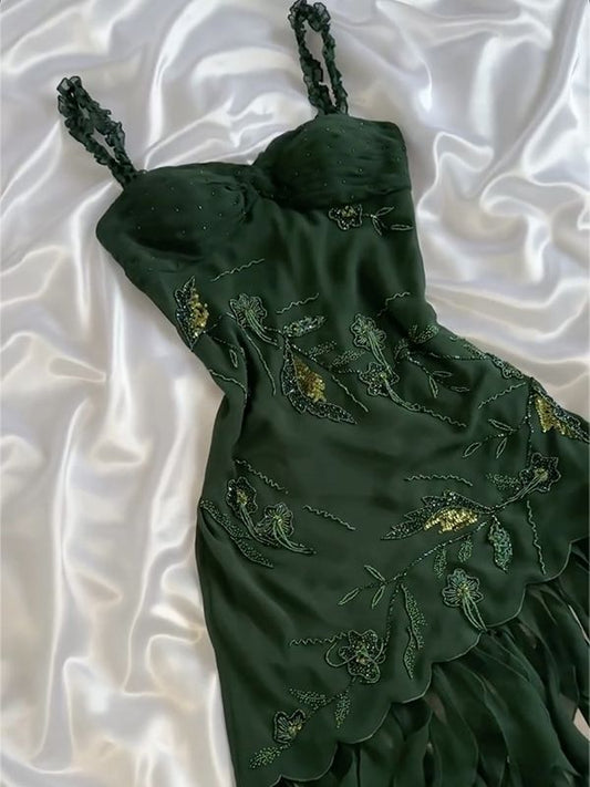 Dark Green Chiffon Ruffle Prom Dress Formal Dress Homecoming Dress SH3936