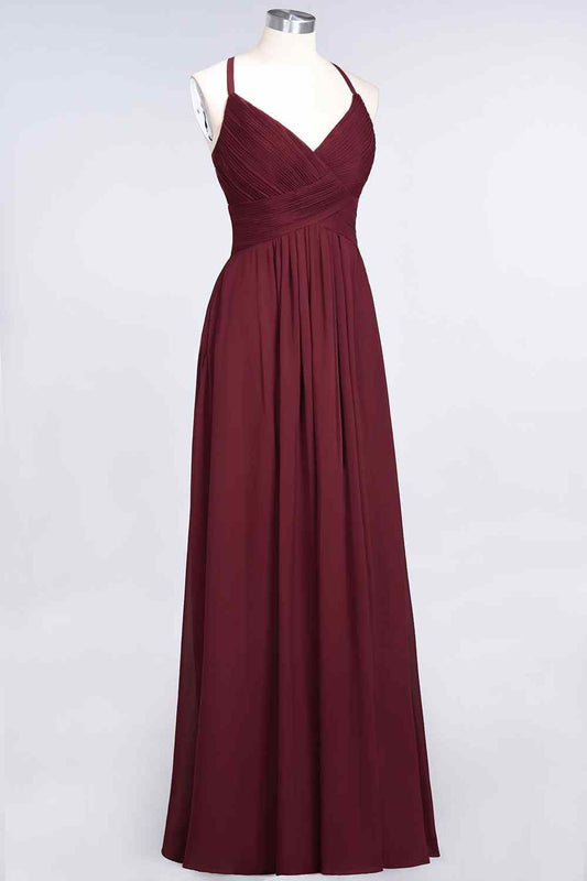 Burgundy A-line V Neck Pleated Crossed Back Chiffon Long Bridesmaid Dress