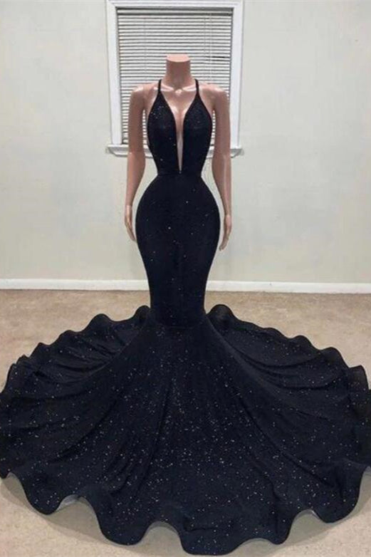 Black Mermaid Halter Prom Dress With Sequins