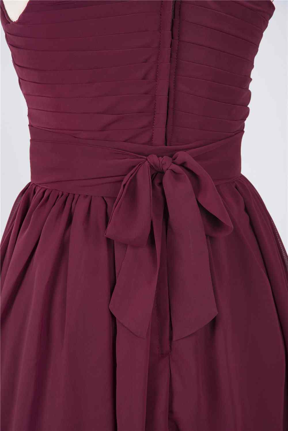 Burgundy A-line One Shoulder Pleated Chiffon Mini Bridesmaid Dress