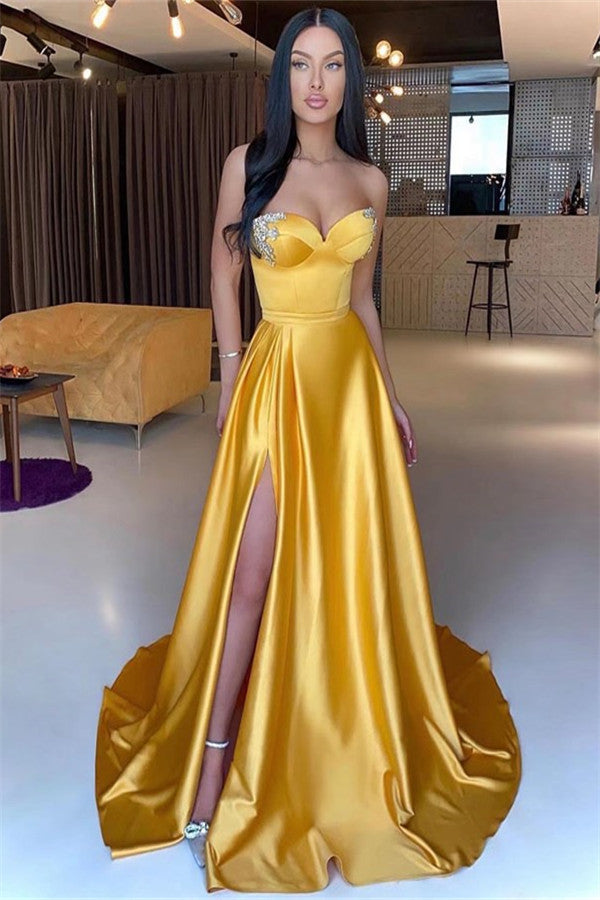 Sweetheart Yellow Mermaid Beading Prom Dress Slit