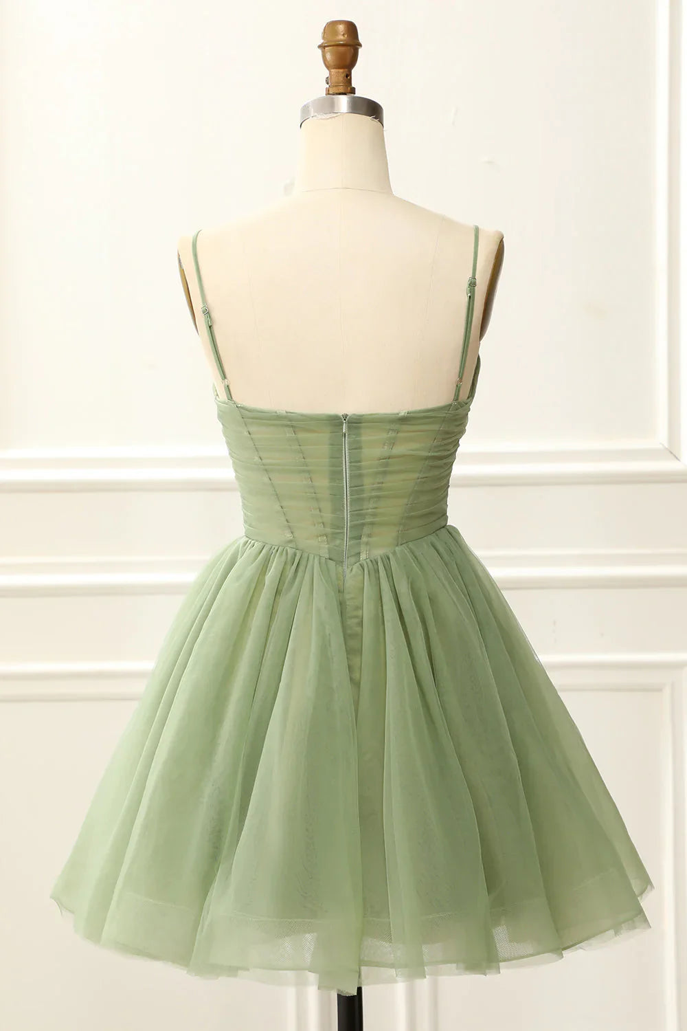 A Line Spaghetti Straps V Neck Short Above Knee Tulle Homecoming Dress fg4555