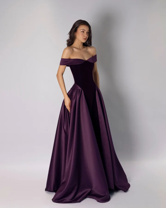 Classic Dark Purple Off-The-Shoulder Pleated A-Line Evening Dress