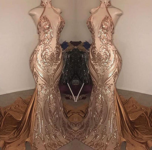 Elegant V-Neck Sequins Halter Mermaid Prom Dress