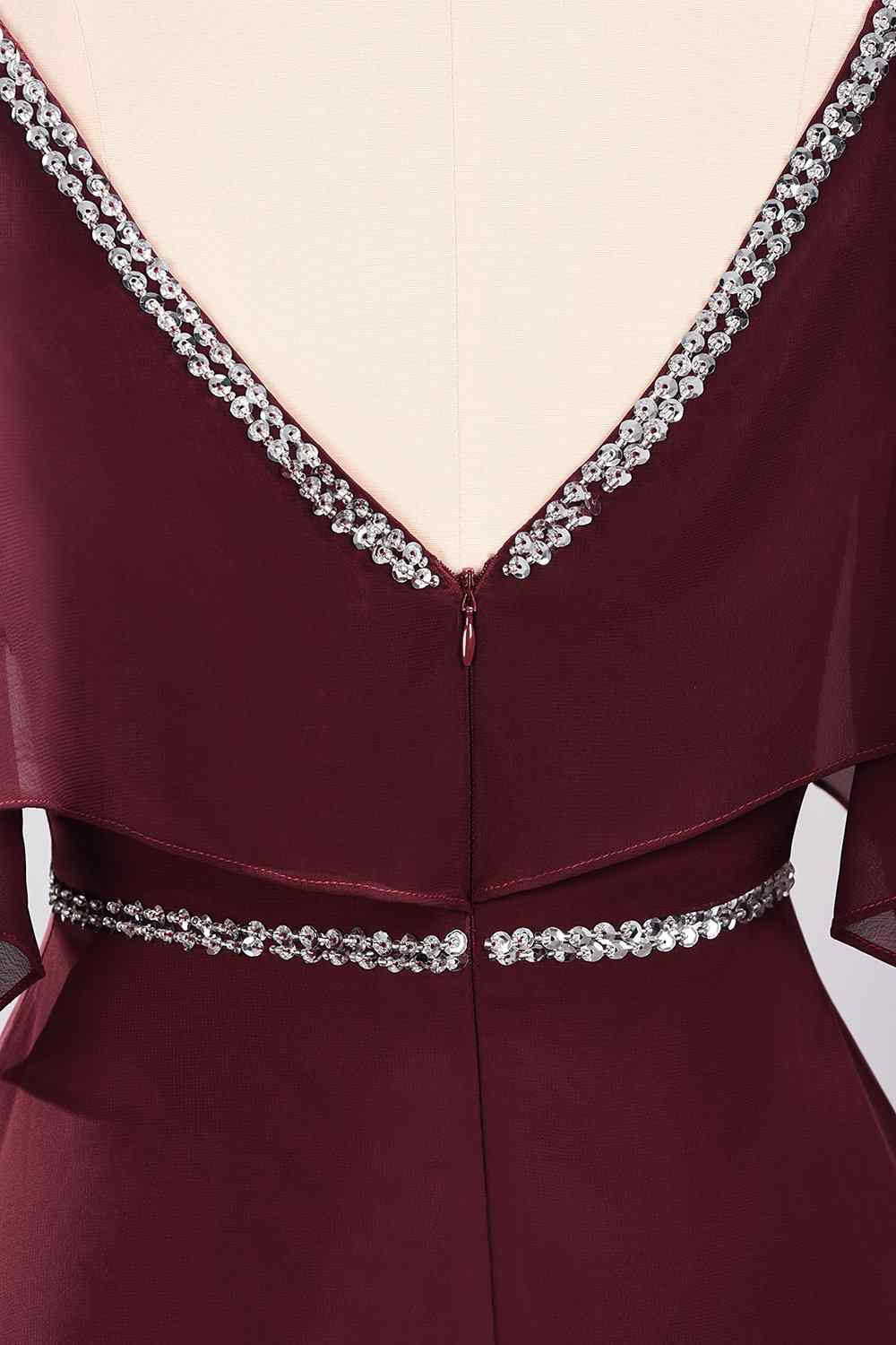 Burgundy A-line V Neck Off-the-Shoulder Beading Chiffon Long Bridesmaid Dress