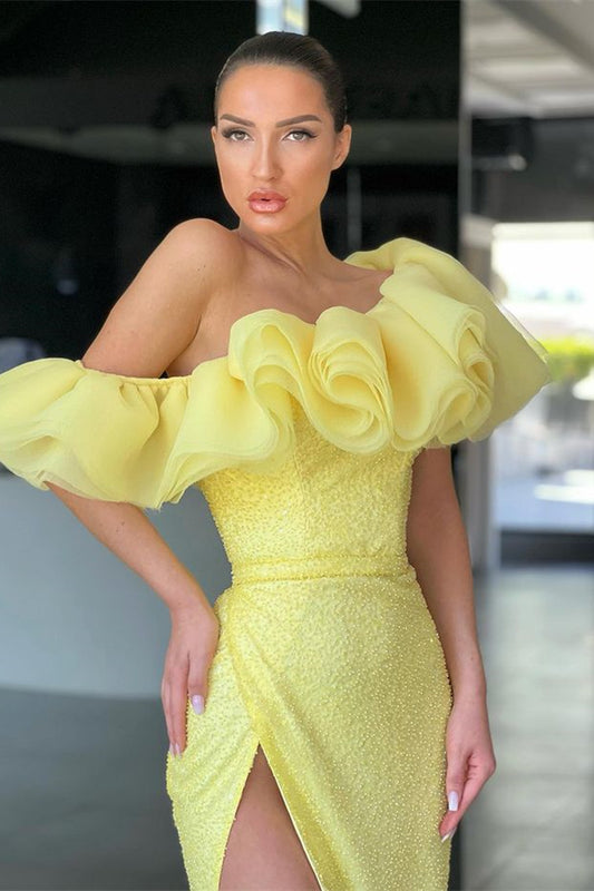 Daffodil Mermaid Off-The-Shoulder Evening Dress Split Sequins
