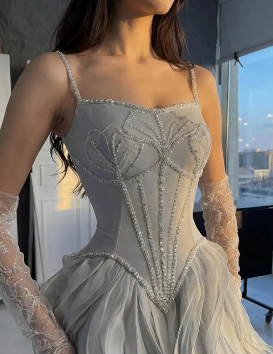 Stunning Silver Straps Formal Evening Dress Sleeveless Beading with Ruffles