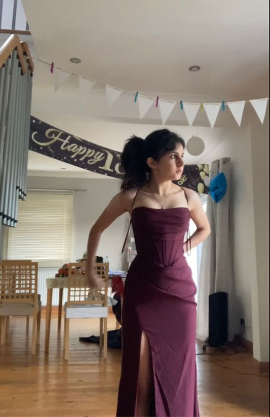 Maroon prom dress with corset, lace up back and high slit gown fg6920