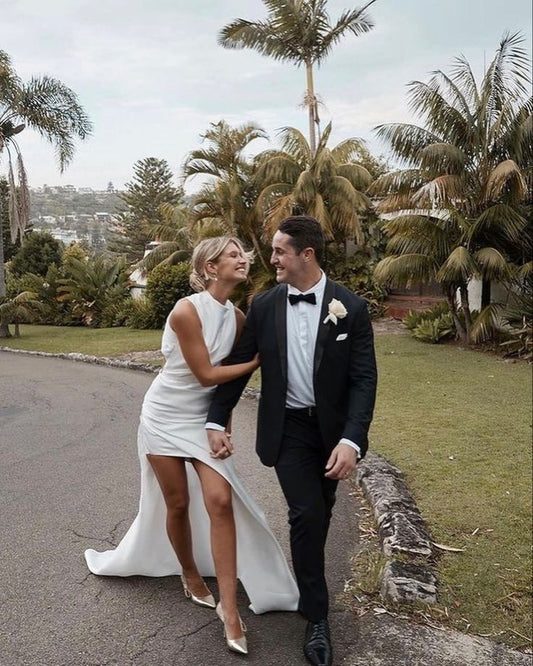 High Neck Ivory Wedding Dresses with Side Slit fg6929