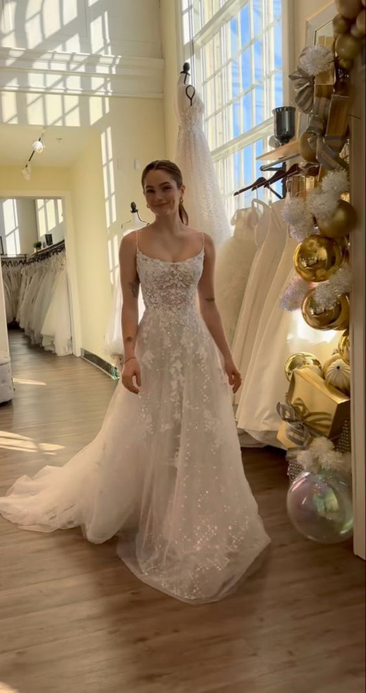 Elegant A Line Sparkly Appliques Long Wedding Dress Princess Evening Dress fg6859