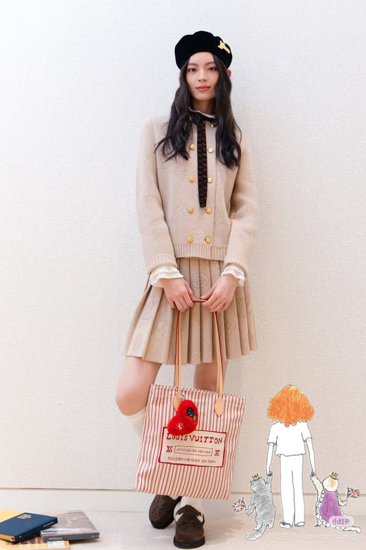 LV 25 Pattern Gold Button Cardigan + Pleated Mini Skirt