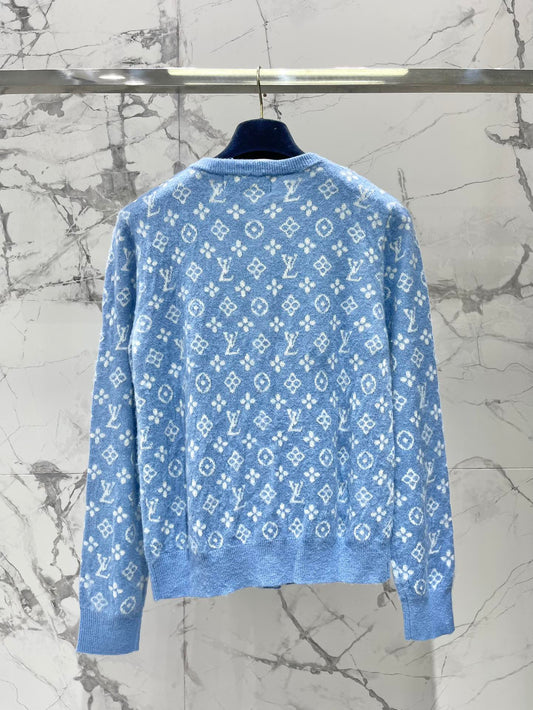 LV Monogram Jacquard All-over Print Blue Cardigan with Monogram Pattern