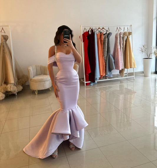 Sleeveless Straps Off Shoulder V Neck Mermaid Prom Dress With Beads