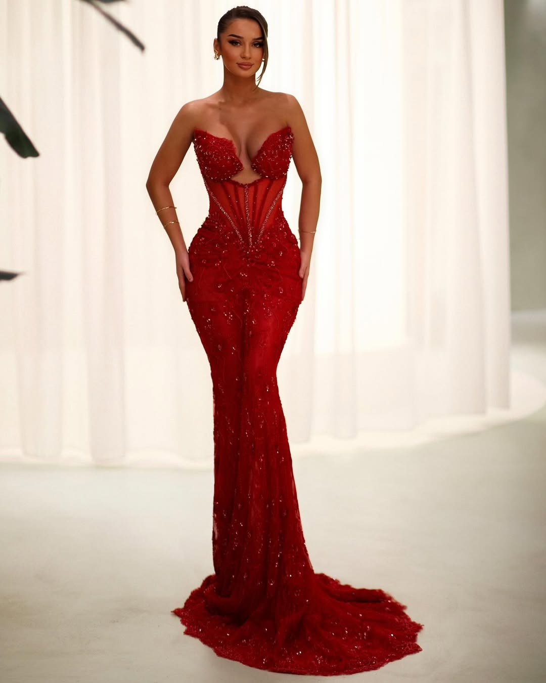 Red Sleeveless Strapless Asymmetric Mermaid Prom Dress With Beads