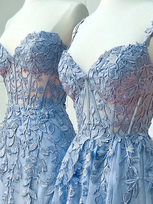 Blue Sweetheart Neck Lace Long Prom Dresses, Blue Lace Graduation Dress fg4490