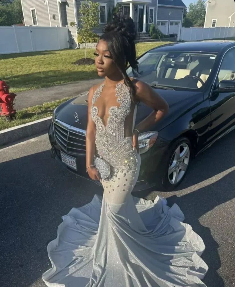 Silver Mermaid Beaded Prom Party Dress Long Formal Evening Dress fg7518