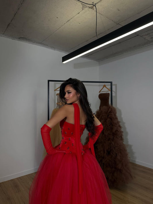Red Sleeveless Strapless Square A Line Long Prom Dress With Gloves