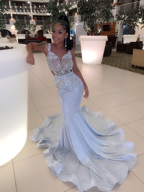 Shiny Sequins African Mermaid Prom Dresses Long Train Black Girls Pageant Graduation Dress P6796