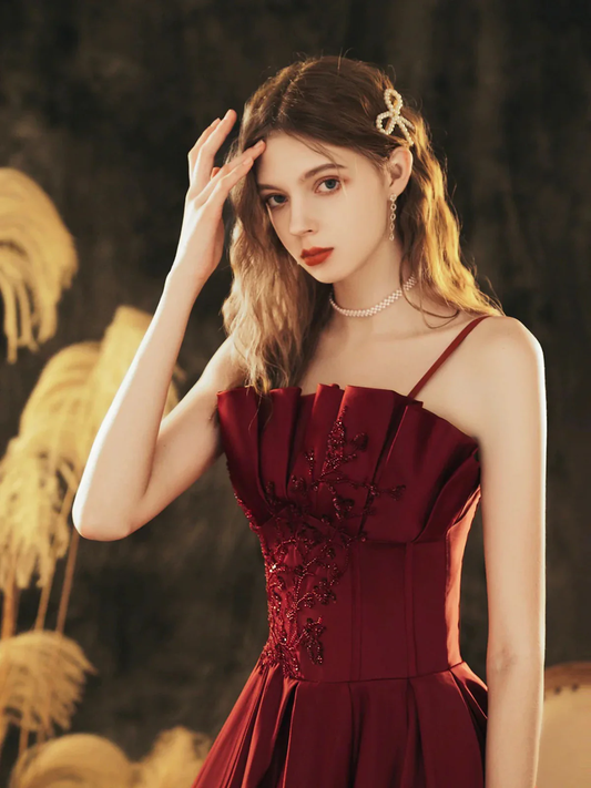 Wine Red Satin Beaded Straps Prom Dress Evening Dress, Wine Red A-line Formal Dress fg8739