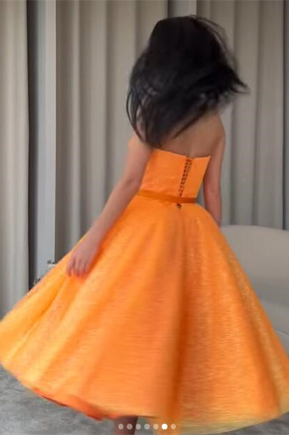Short Orange Sweetheart Evening Dress Sequins With Belt