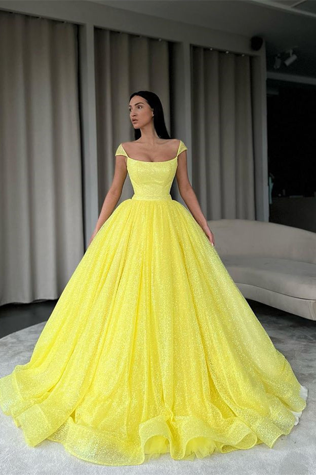 Yellow Off-The-Shoulder Evening Dress Sequins Ball Gown