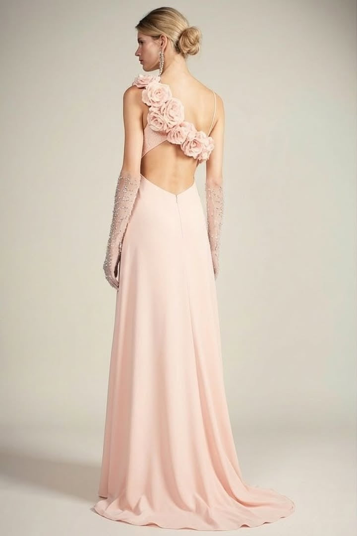 Elegant SleevelessOne Shoulder Appliques Embroidery Evening Dress With Gloves