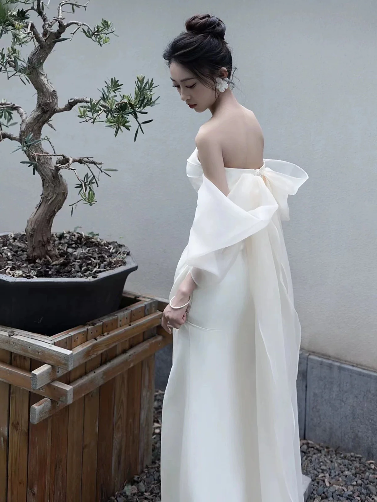 Elegant White Strapless Prom Dress, High Slit Fairy Wedding Guest Gown Maxi Dress fg8726