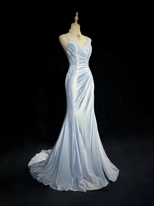 Classy Mermaid Spaghetti Straps Appliques Satin Open Back Long Party Dress Evening Dress SH2916