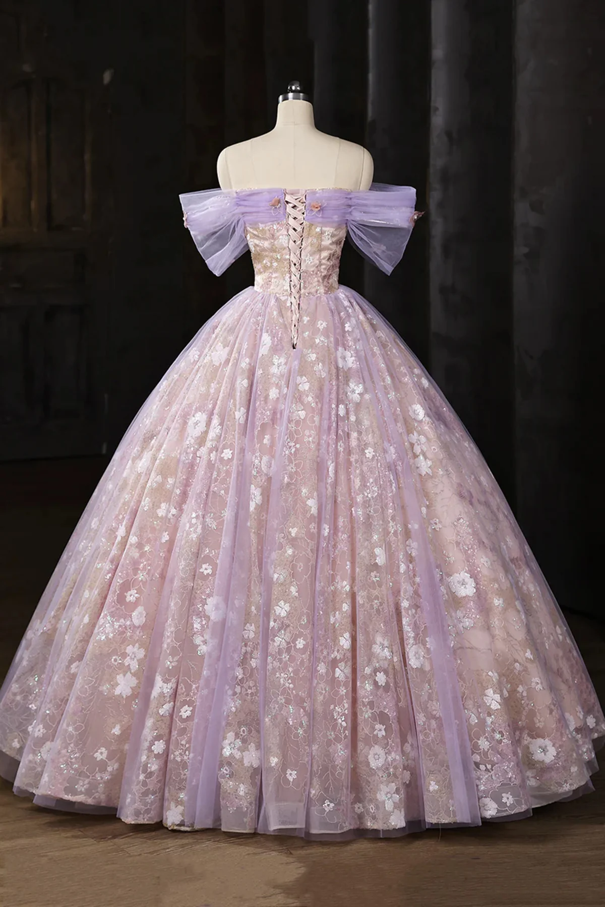 Light Purple Floral Tulle Prom Dress with Lace, A-line Off Shoulder Evening Dress Formal Dress fg8733
