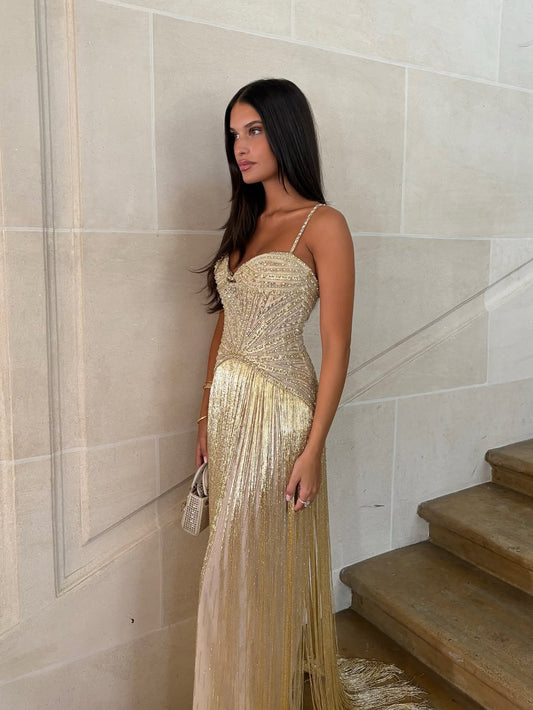 Elegant Sequin Fringe Long Sleeveless Prom Dress with Spaghetti Straps