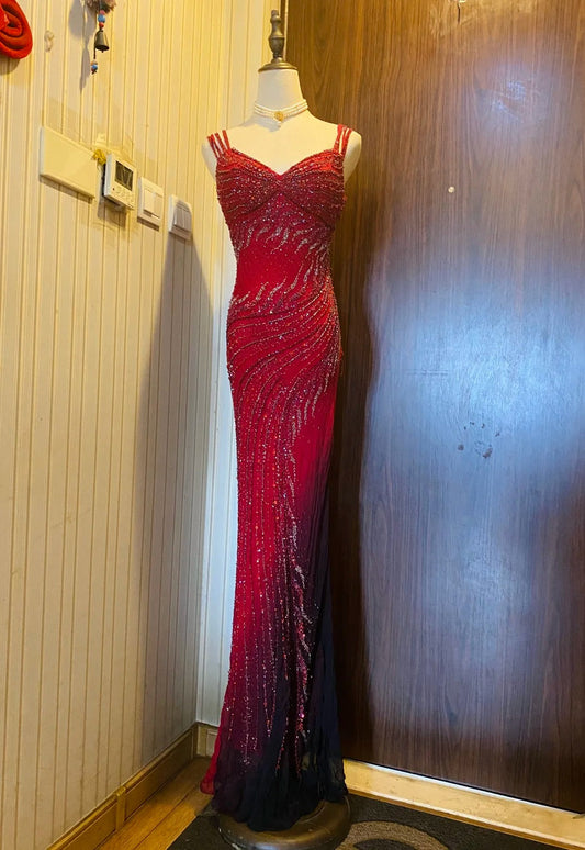 Retro Red And Black Gradient Mermaid V-neck Halter Top Beaded Chiffon Long Prom Dress Evening Dress P4177