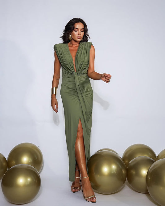 Simple Sleeveless Deep V-Neck Pleated Long Prom Dress