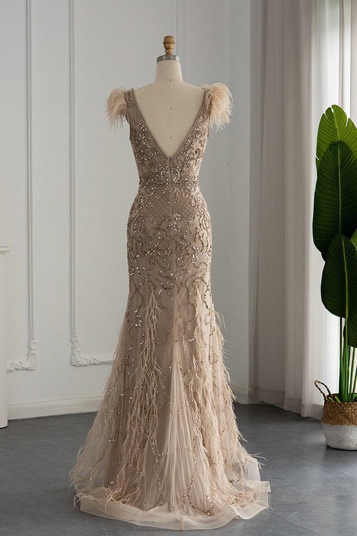 Luxury V Neck Mermaid Evening Dress Sheath With Feathers Appliques