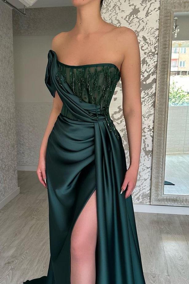 Stunning Satin Dark Green Sleeveless Strapless Pleated Split Prom Dress with Beadings