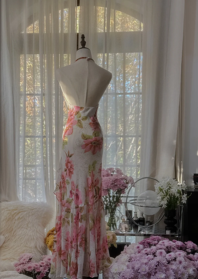 Pretty Halter V Neck Chiffon Print Floral Beaded Mermaid Long Party Dress Formal Wedding Guest Dress D2101