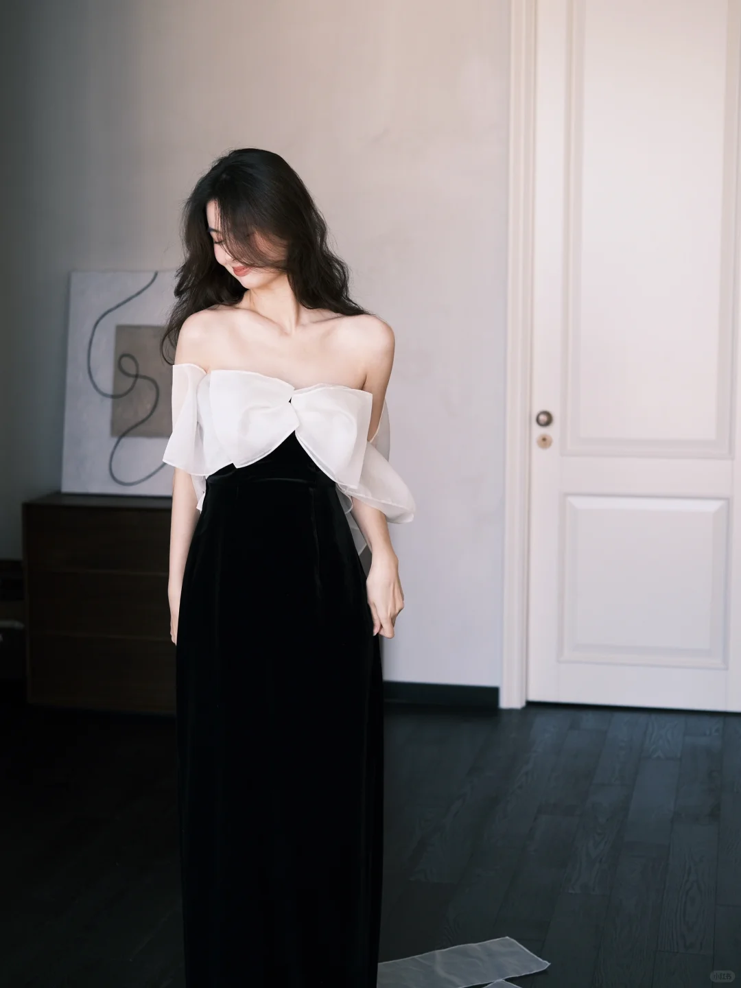 Cute A Line Off the Shoulder White Organza Black Velvet Long Prom Dress SH4583