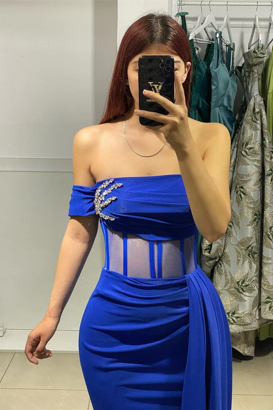 Charming Long Royal Blue Strapless Prom Dress With Beaded SH833