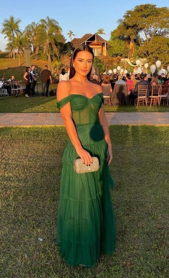 Off The Shoulder Tulle Green A Line Prom Dress SH743