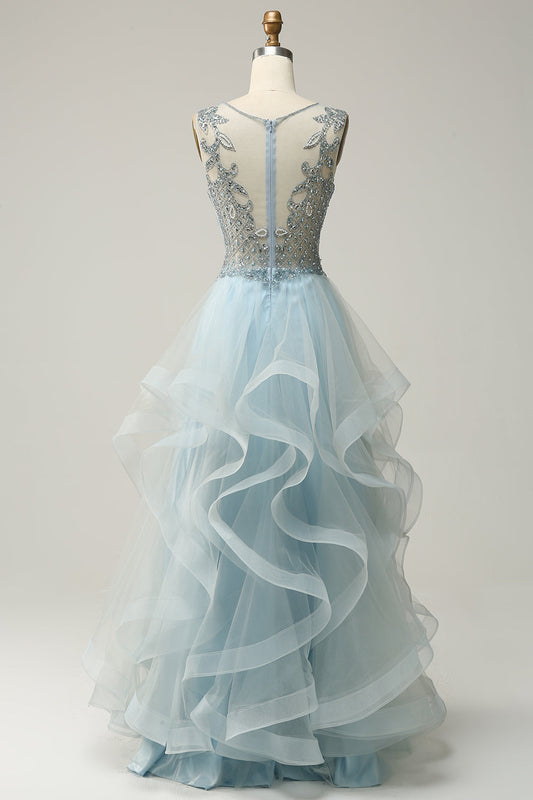 V-Neck Sleeveless Beaded Top A-Line Tulle Prom Dress