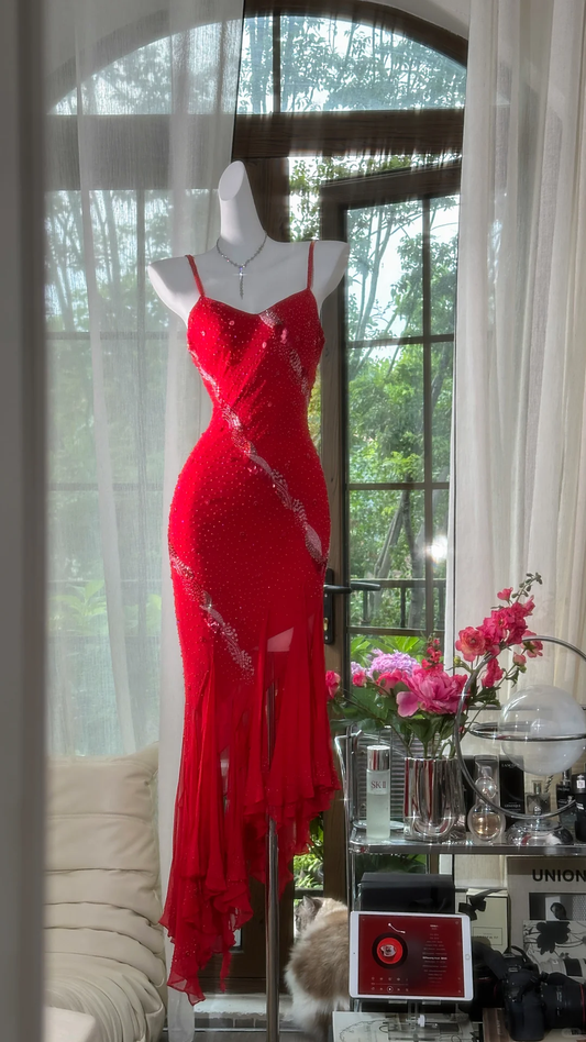 Charming Spaghetti Straps Red Chiffon Beaded Sheath Prom Dress Evening Gown D1162