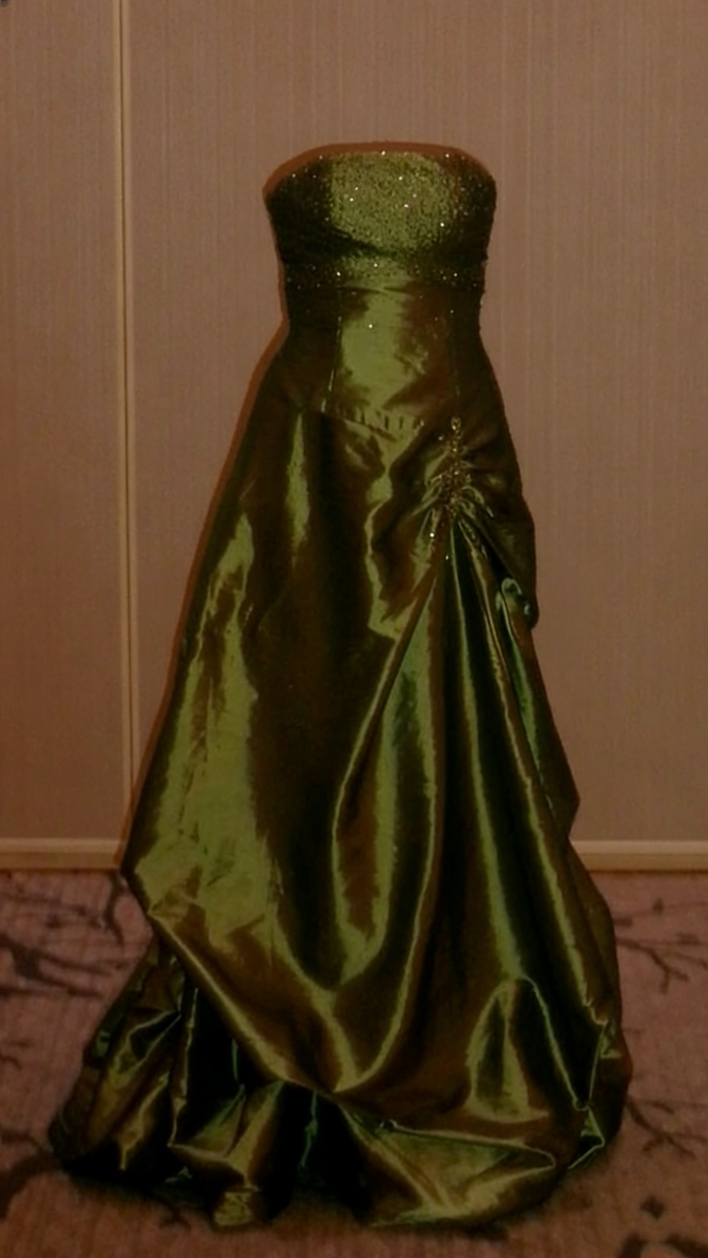 Elegant Olive Green Strapless Satin Sequin Long Birthday Party Dress Evening Gown D1505