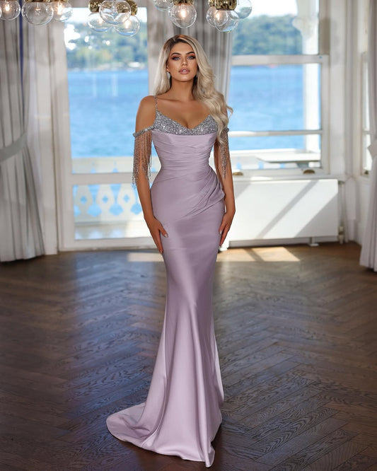 Sleeveless Spaghetti Straps V-Neck Beads Mermaid Prom Dress