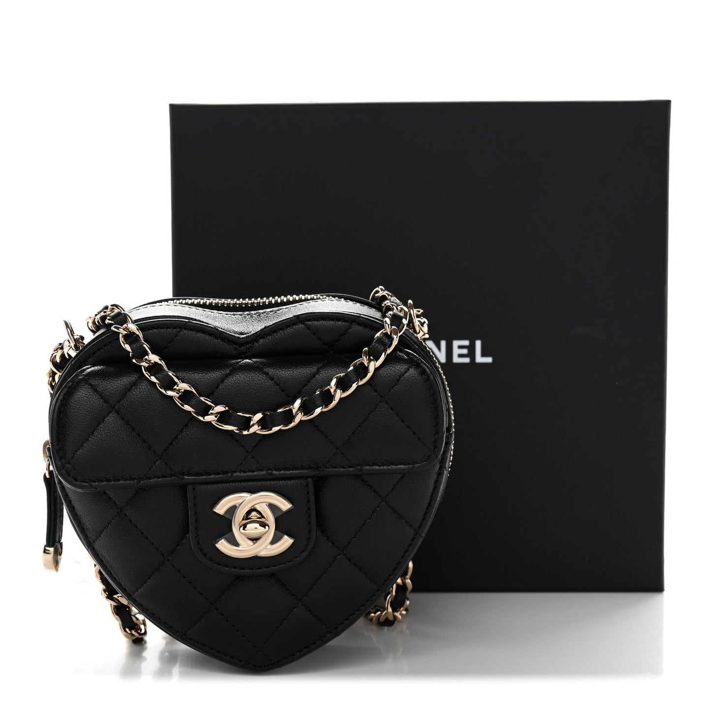 Lambskin Quilted CC In Love Heart Clutch With Chain Black