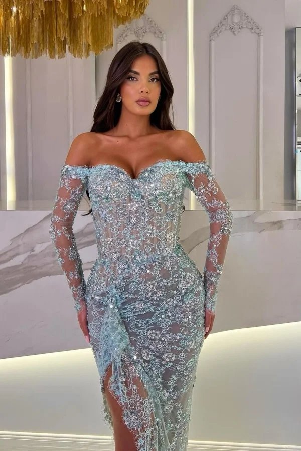 Elegant Sweetheart Lace Split Strapless Prom Dress With Long Sleeves
