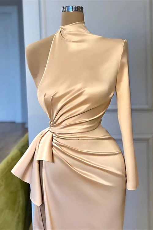 High Neck Champagne Mermaid Prom Dress Long Sleeves Split