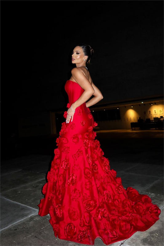 Stunning Red Satin Sleeveless Strapless Long Mermaid Prom Dress with Flower