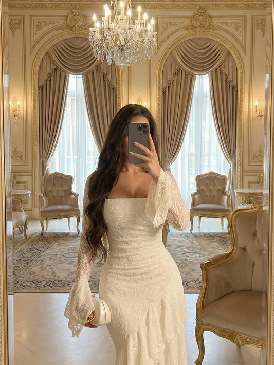 Elegant Cream Square Long Sleeves Ruffles Lace Evening Dress