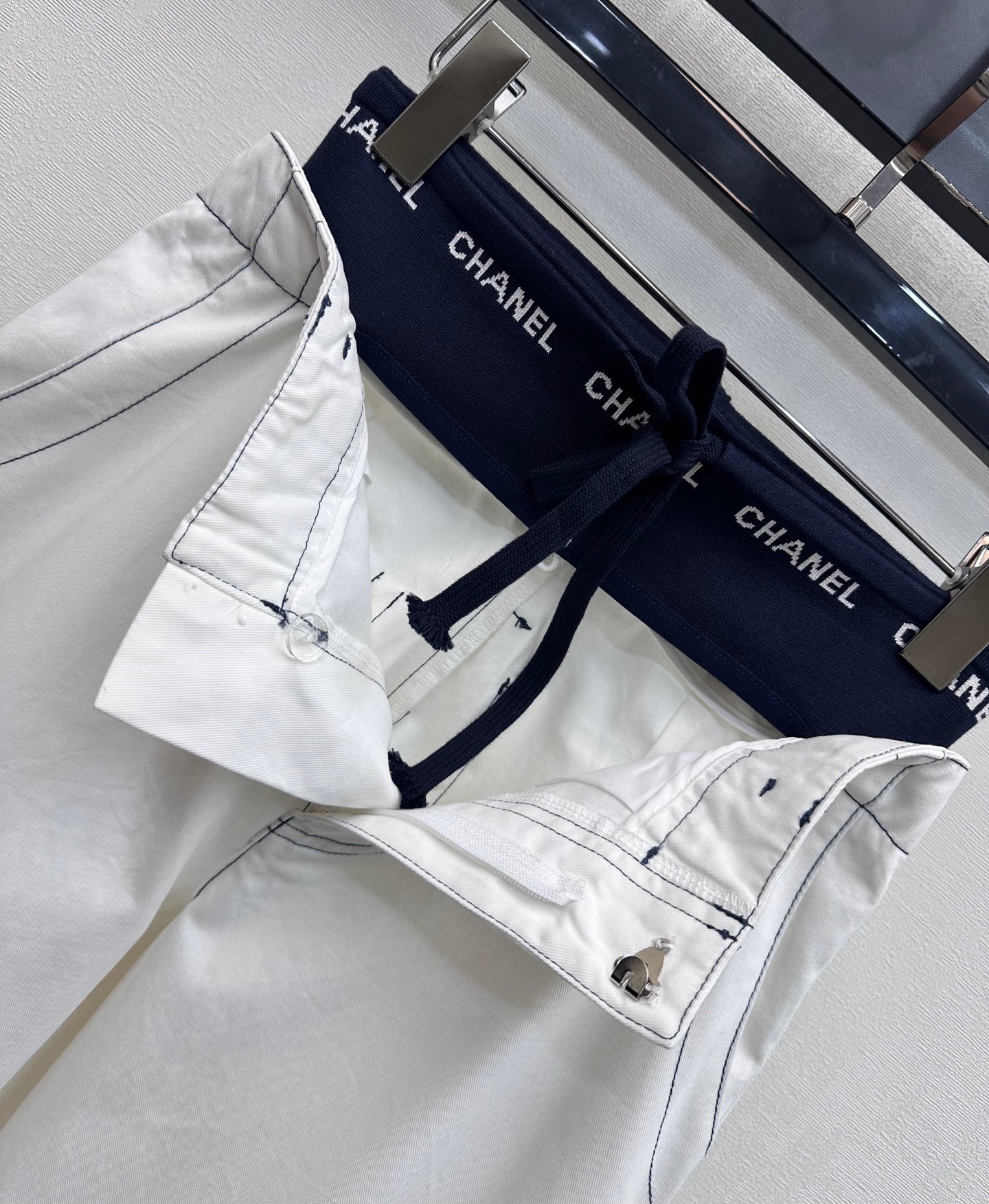 CC Drawstring Webbing Trousers White Cotton Tencel 350186